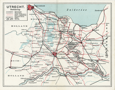 501327 Kaartje van de provincie Utrecht met weergave van o.a. de spoorwegen, tramlijnen, straat- en klinkerwegen, ...